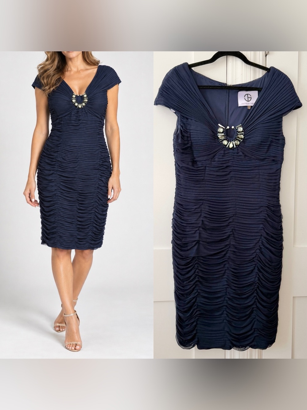 JS Collections Ruched Jeweled Cocktail Dress Navy Sz 12